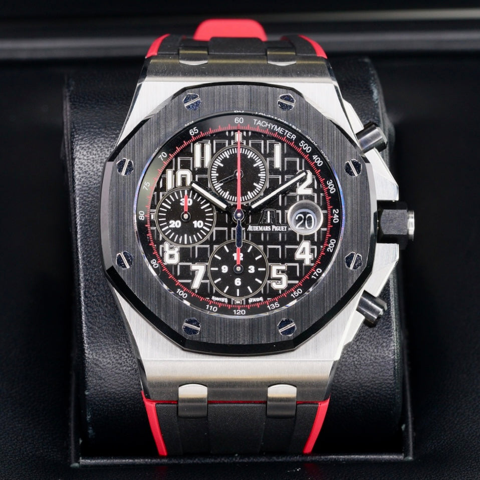 Audemars Piguet Royal Oak Offshore 26470SO.OO.A002CA.01 “VAMPIRE DARK KNIGHT” Black Dial Red Accents Ceramic Bezel Stainless Steel Chronograph 42mm