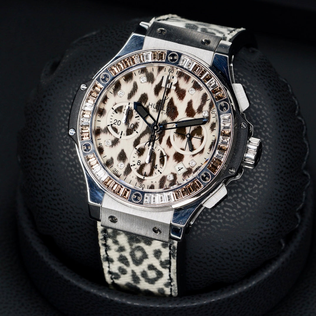 Hublot Big Bang 341.CW.7717.NR.1977  “SNOW LEOPARD” White Leopard Dial Diamond Bezel Leopard Strap 41mm