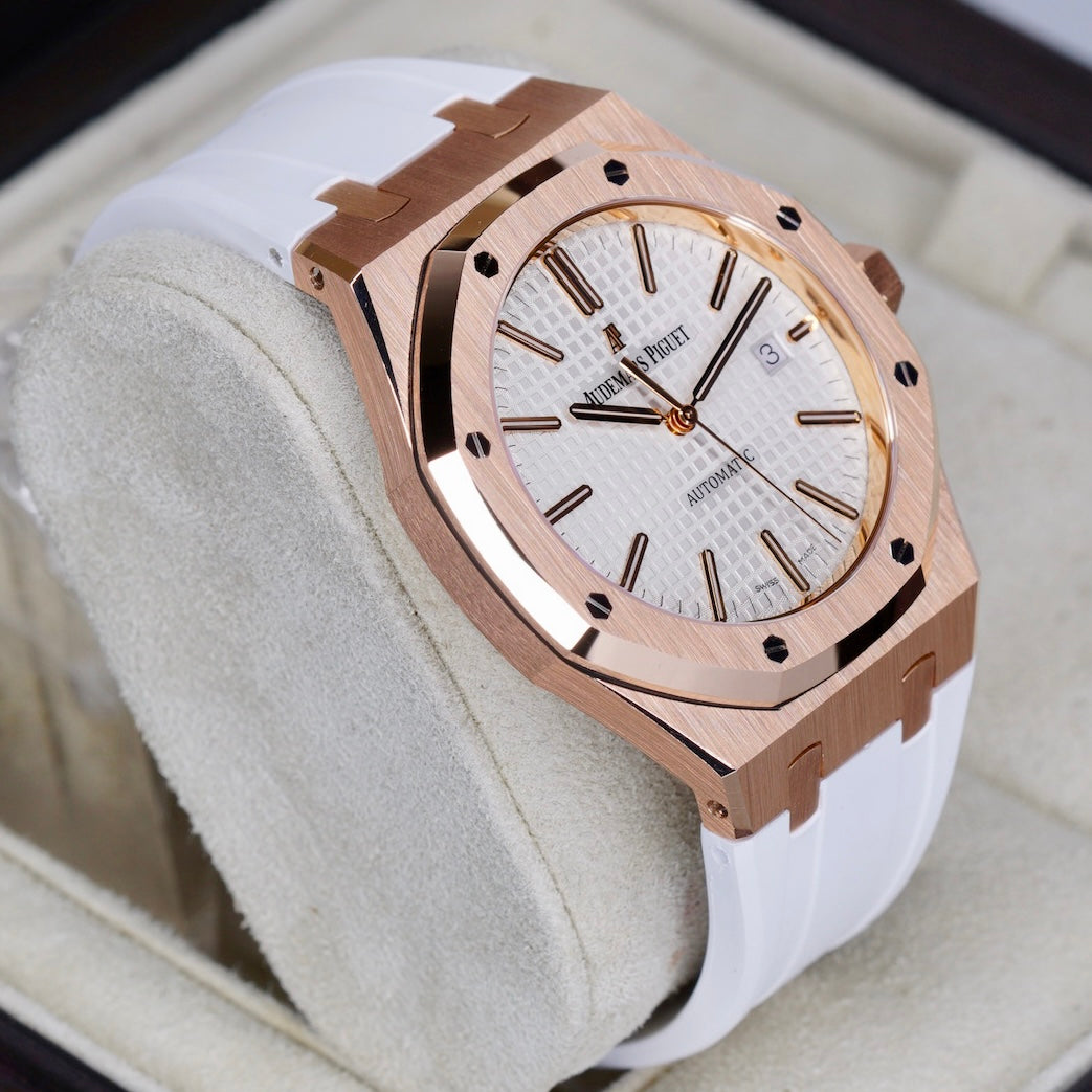 Audemars Piguet Royal Oak 15400OR.OO.D088cCR.01 White Dial Rose Gold White Leather Strap 41mm 2015