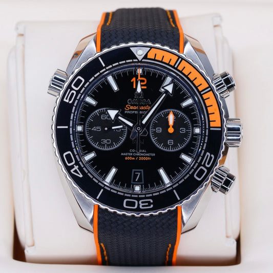 Omega Seamaster 215.32.46.51.01.001 “PLANET OCEAN” Black Dial Orange Accents  Stainless Steel Chronograph