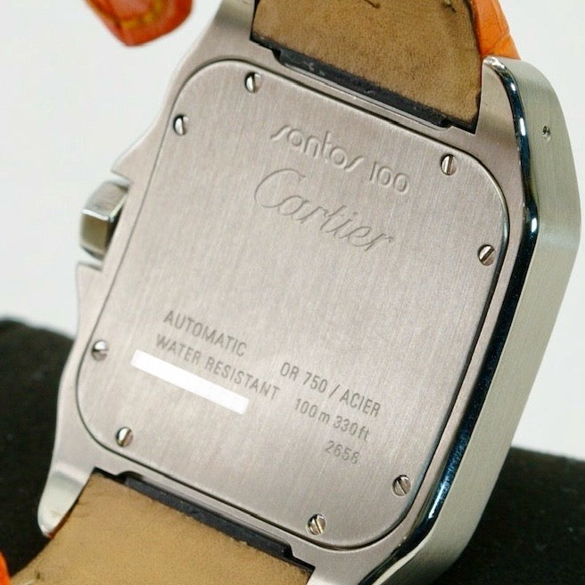 Cartier Santos 100 Xl 2656 Two-Tone Yellow Gold & Steel Orange Leather Strap