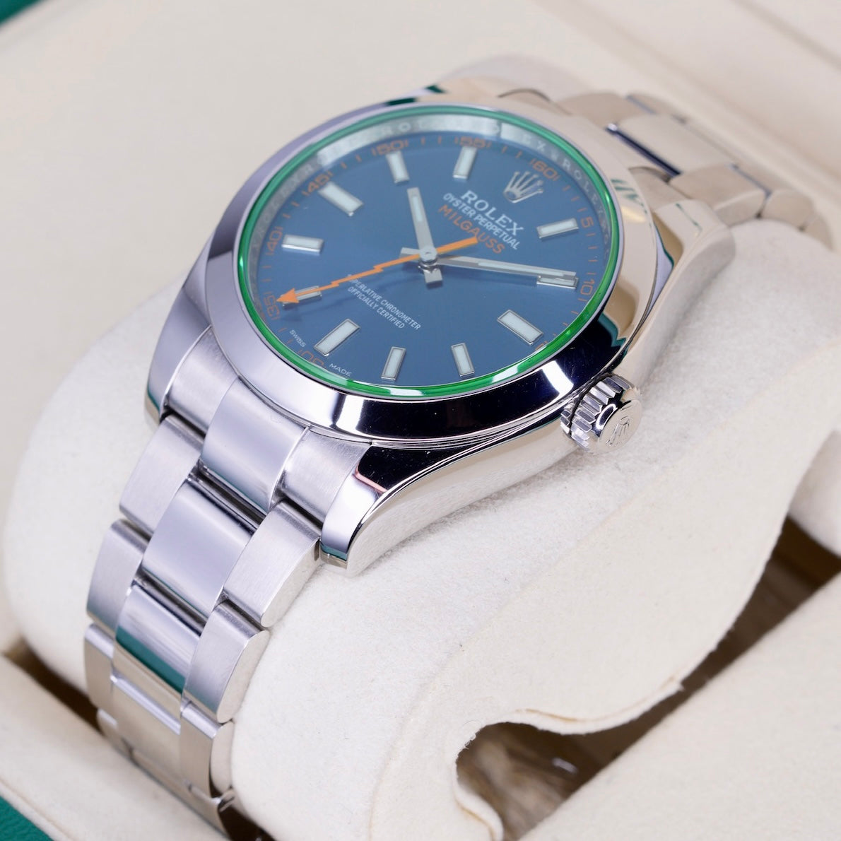 Rolex Milgauss 116400GV Blue Dial Green Crystal Stainless Steel 40mm