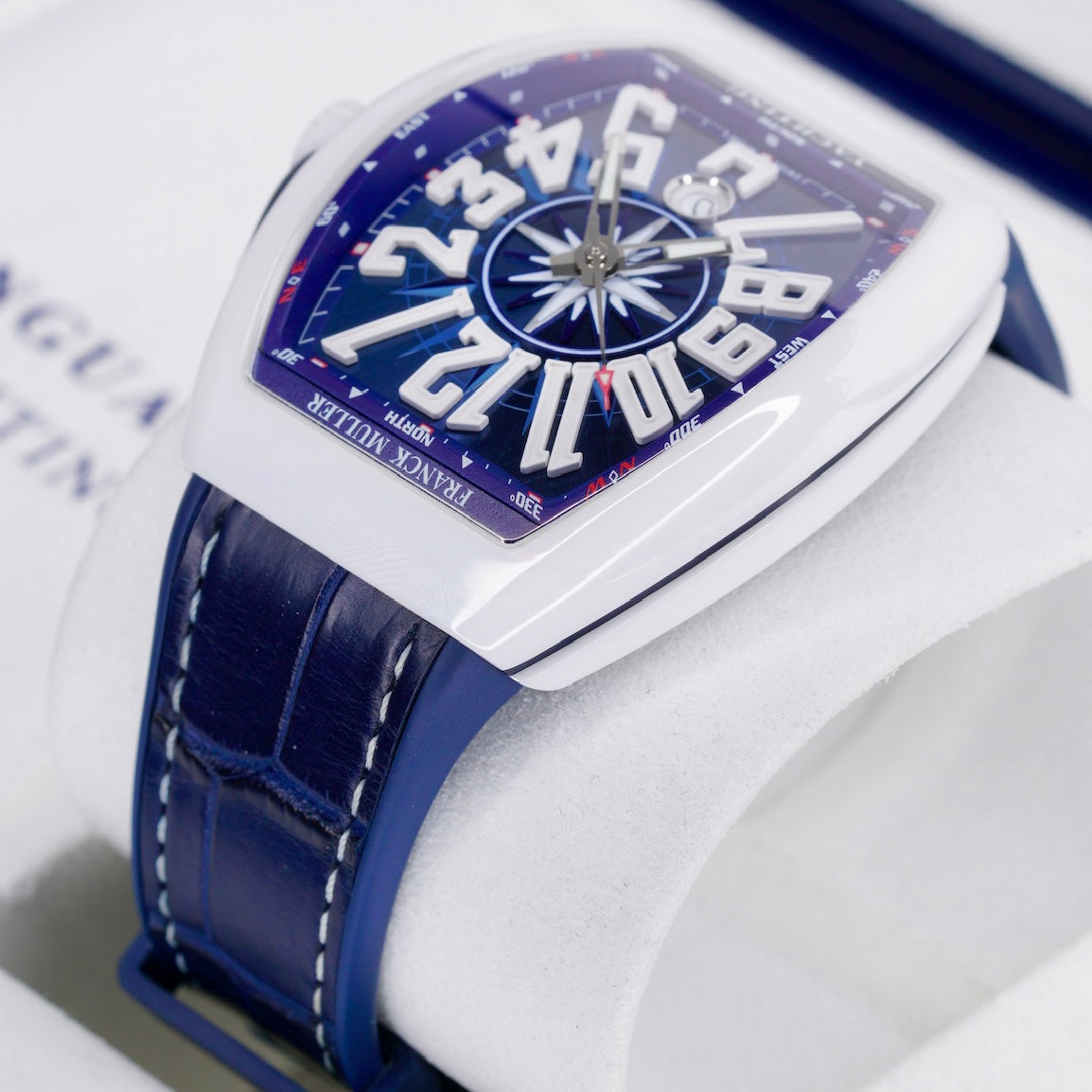 Franck Muller Vanguard V 45 SC DT Yachting Blue Dial Ceramic Blue Leather Strap