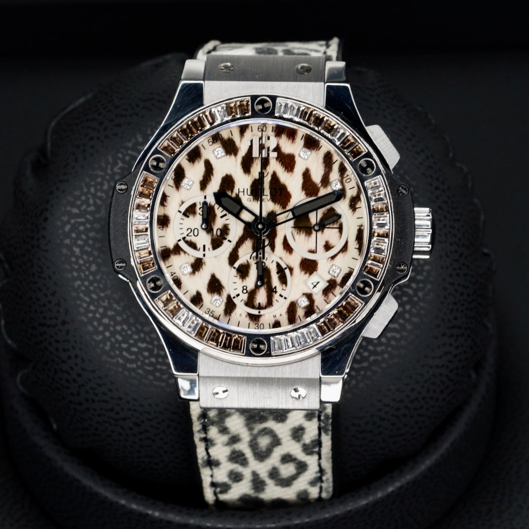 Hublot Big Bang 341.CW.7717.NR.1977  “SNOW LEOPARD” White Leopard Dial Diamond Bezel Leopard Strap 41mm