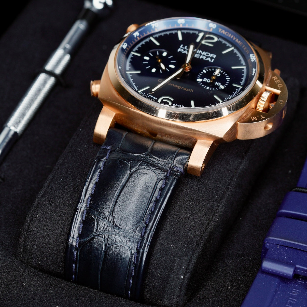 Panerai Luminor PAM 01111 Blue Dial Rose Gold Blue Leather Strap 44mm