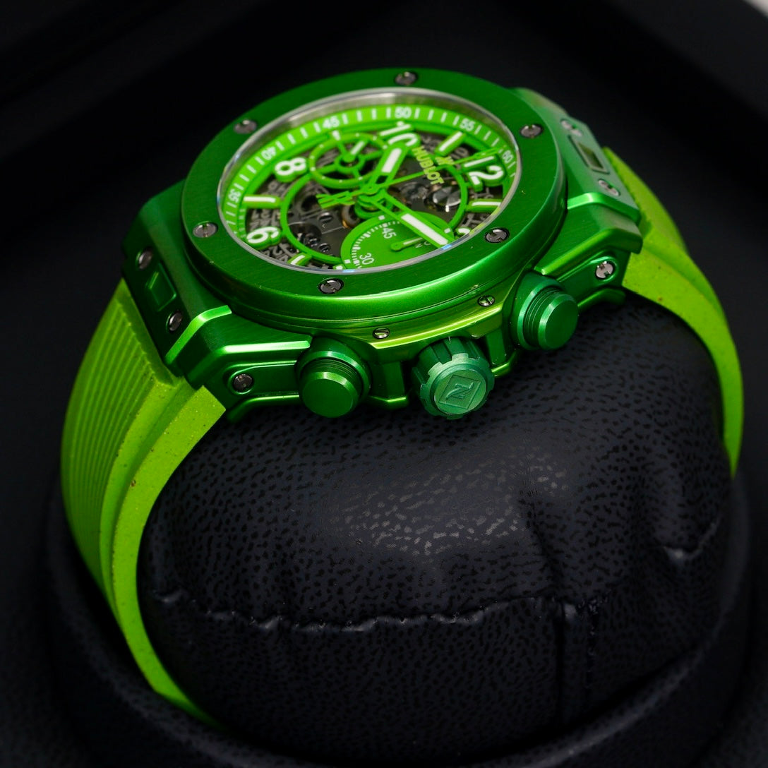 Hublot Big Bang Unico 441.UG.5220.RX.NES23 “NESPRESSO ORIGIN” Skeleton Dial Green Aluminum Rubber Strap 42mm