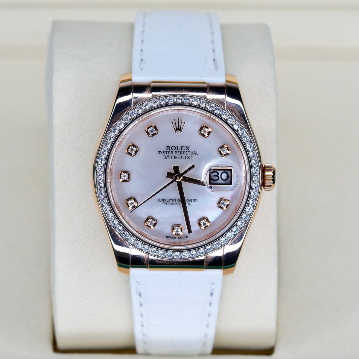 Rolex Datejust 116185 MOP Diamond Dial Rose Gold Leather Strap 36mm