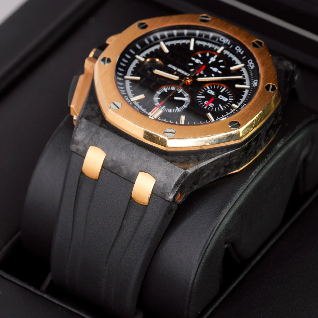 Audemars Piguet Royal Oak Offshore  26406FR.OO.A002CA.01 “QEII CUP” Black Dial Carbon Case Rose Gold Bezel Chronograph 44mm