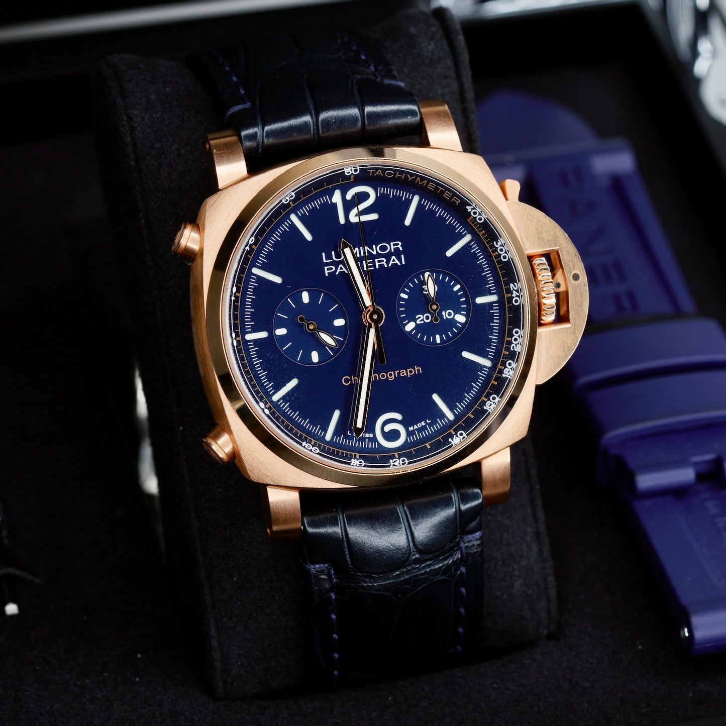 Panerai Luminor PAM 01111 Blue Dial Rose Gold Blue Leather Strap 44mm