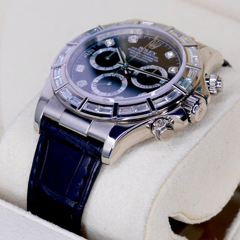 Rolex Daytona 116589BR “BAGUETTES” Black Diamond Dial Baguettes Bezel White Gold Leather Strap 40mm
