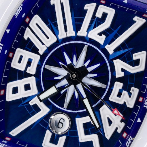 Franck Muller Vanguard V 45 SC DT Yachting Blue Dial Ceramic Blue Leather Strap