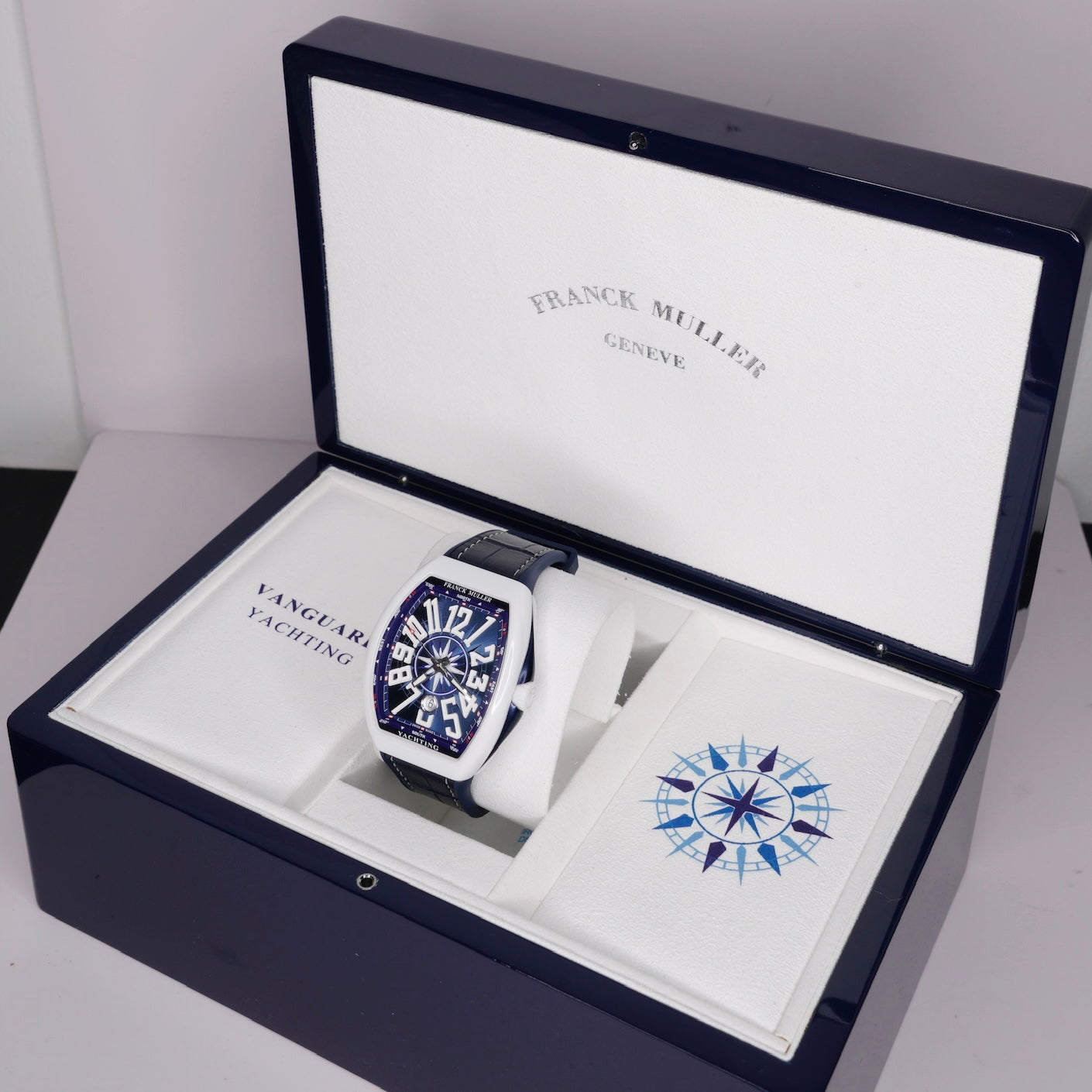 Franck Muller Vanguard V 45 SC DT Yachting Blue Dial Ceramic Blue Leather Strap