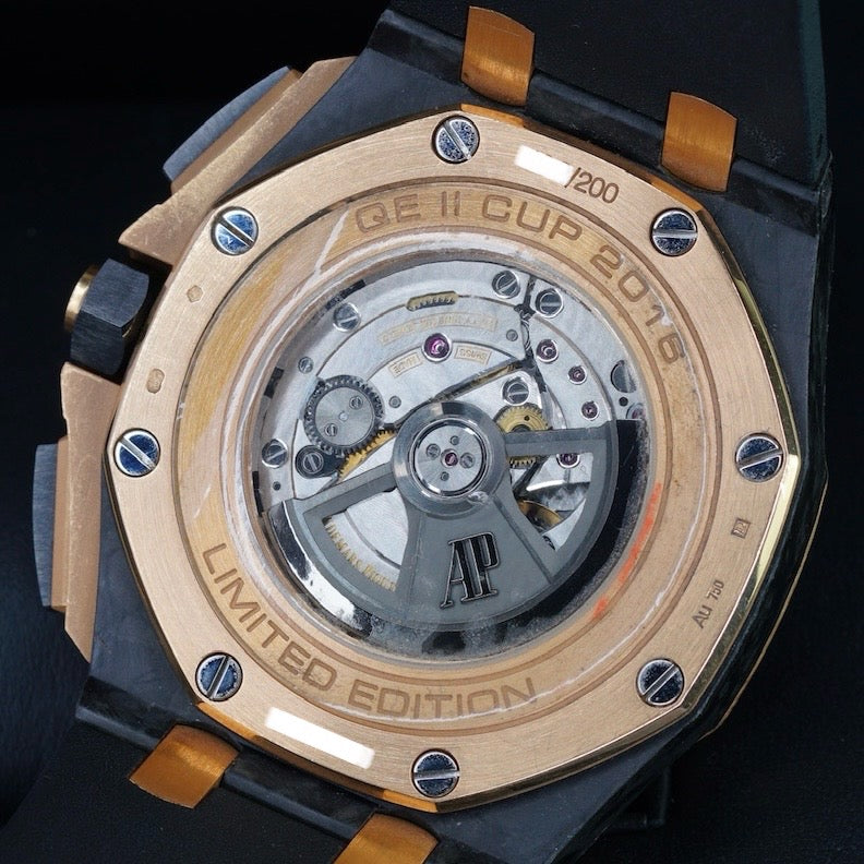 Audemars Piguet Royal Oak Offshore  26406FR.OO.A002CA.01 “QEII CUP” Black Dial Carbon Case Rose Gold Bezel Chronograph 44mm