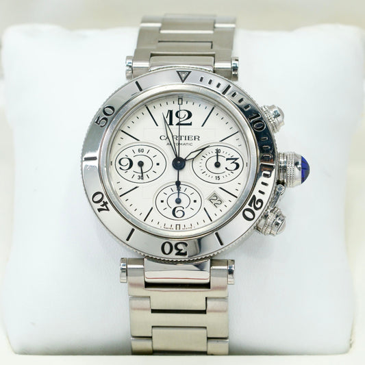 Cartier Pasha 2995 Seatimer Chronograph White Cream Dial Stainless Steel 42mm