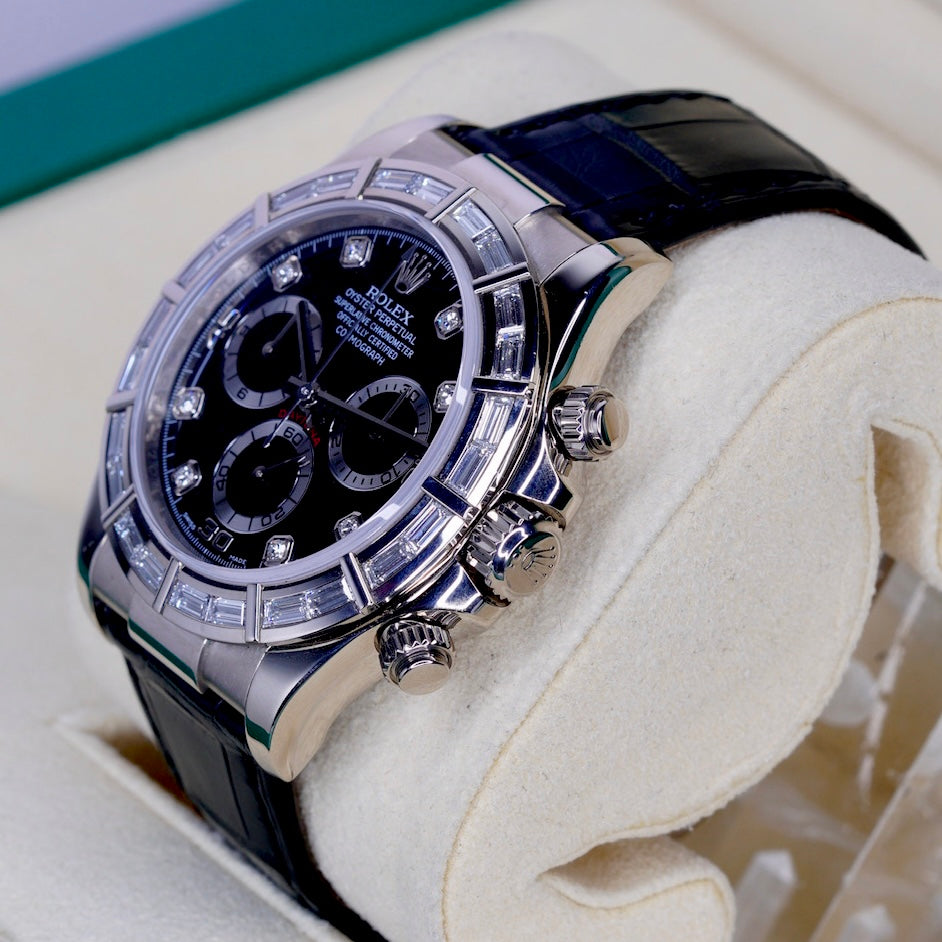 Rolex Daytona 116589BR “BAGUETTES” Black Diamond Dial Baguettes Bezel White Gold Leather Strap 40mm