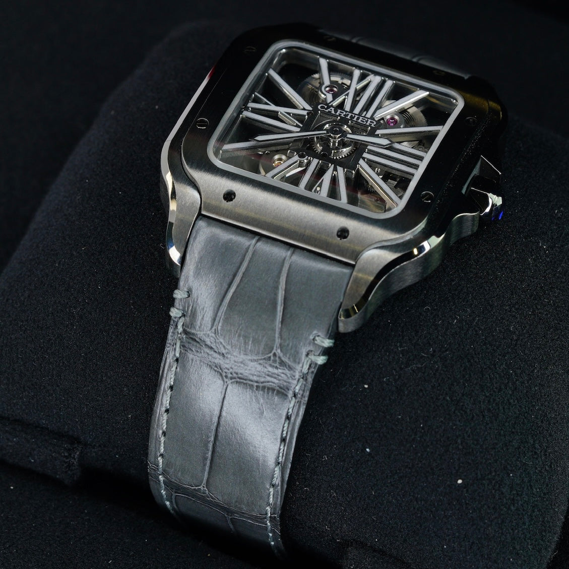 Cartier NEW OLD STOCK Santos De Cartier WHSA0009 Skeleton Black Stainless Steel Leather Strap 39.8mm 2020