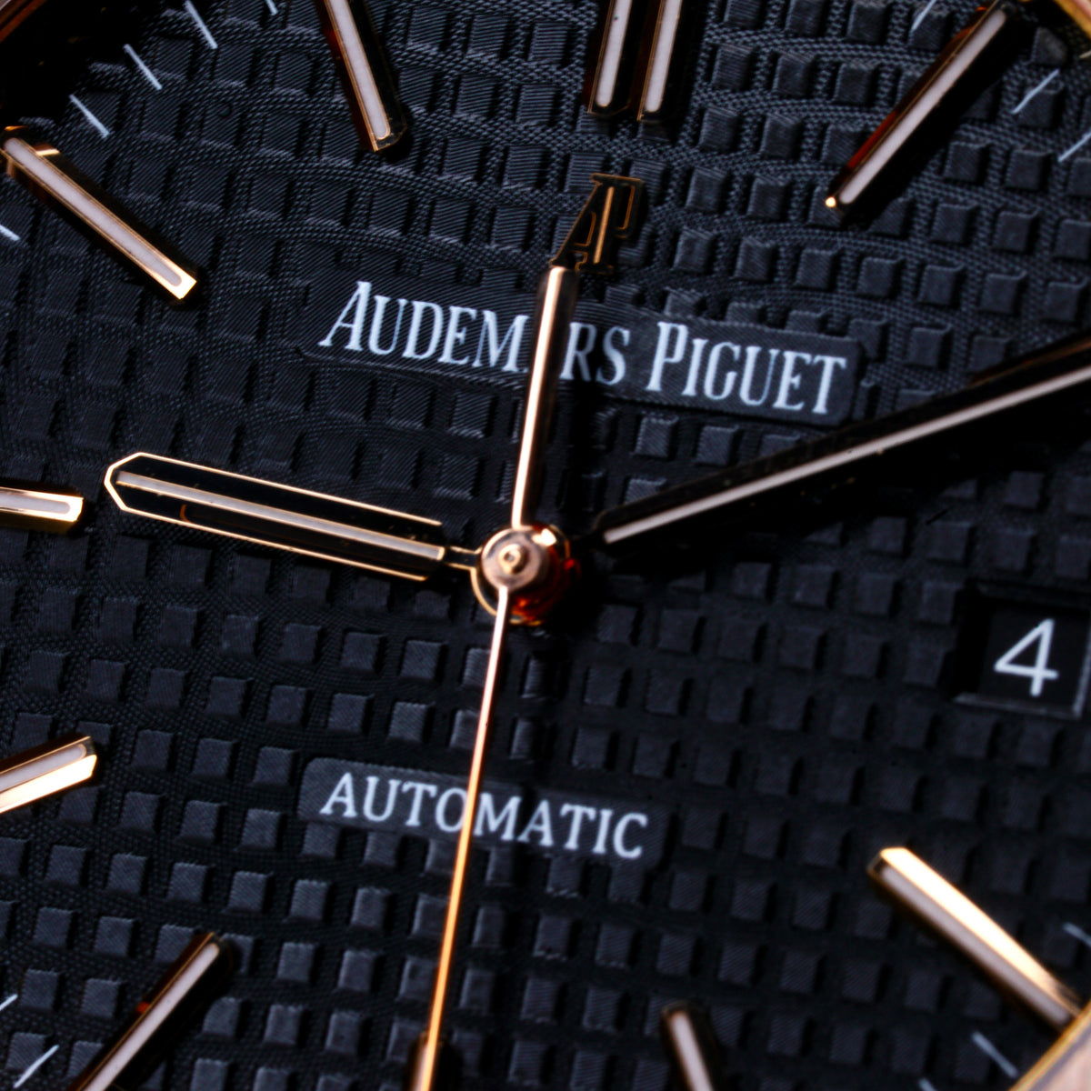 Audemars Piguet Royal Oak 15400OR.OO.D002CR.01 Black Dial Rose Gold Converted bracelet 41mm