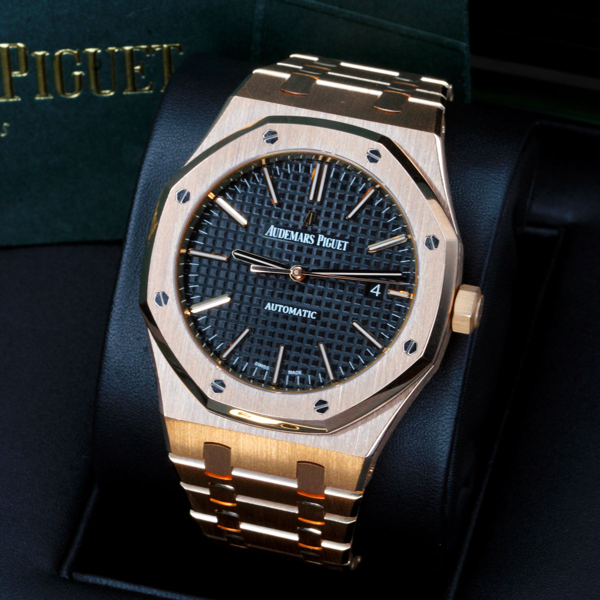 Audemars Piguet Royal Oak 15400OR.OO.D002CR.01 Black Dial Rose Gold Converted bracelet 41mm