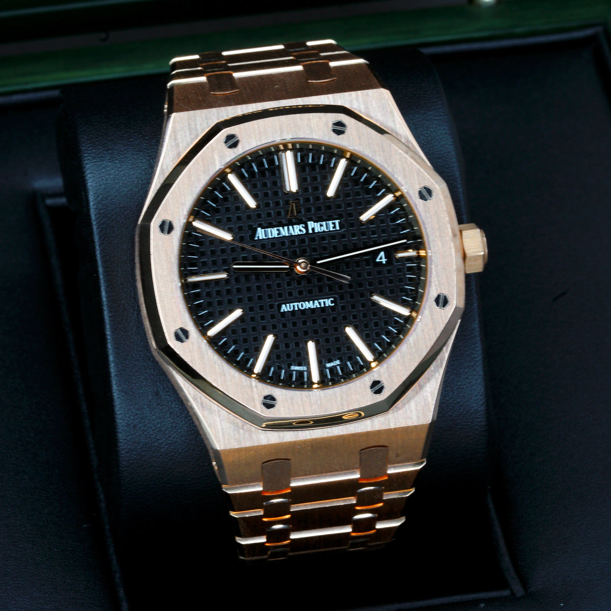Audemars Piguet Royal Oak 15400OR.OO.D002CR.01 Black Dial Rose Gold Converted bracelet 41mm