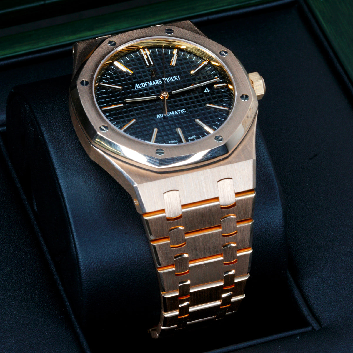 Audemars Piguet Royal Oak 15400OR.OO.D002CR.01 Black Dial Rose Gold Converted bracelet 41mm